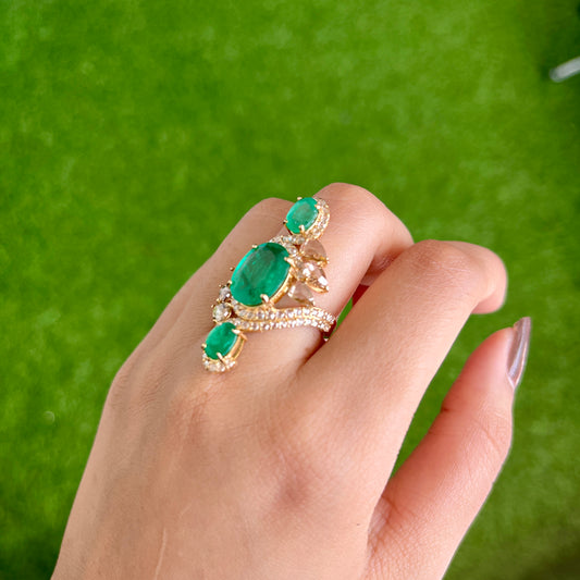 14k Gold Natural Zambian Emerald & Rose Cut Diamond Ring - 4.88 Carats Emerald, 2.06 Carats Diamond Victorian Ring