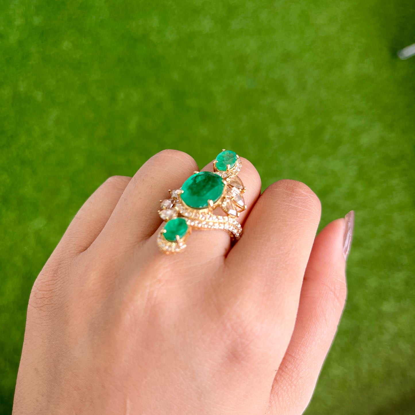 14k Gold Natural Zambian Emerald & Rose Cut Diamond Ring - 4.88 Carats Emerald, 2.06 Carats Diamond Victorian Ring