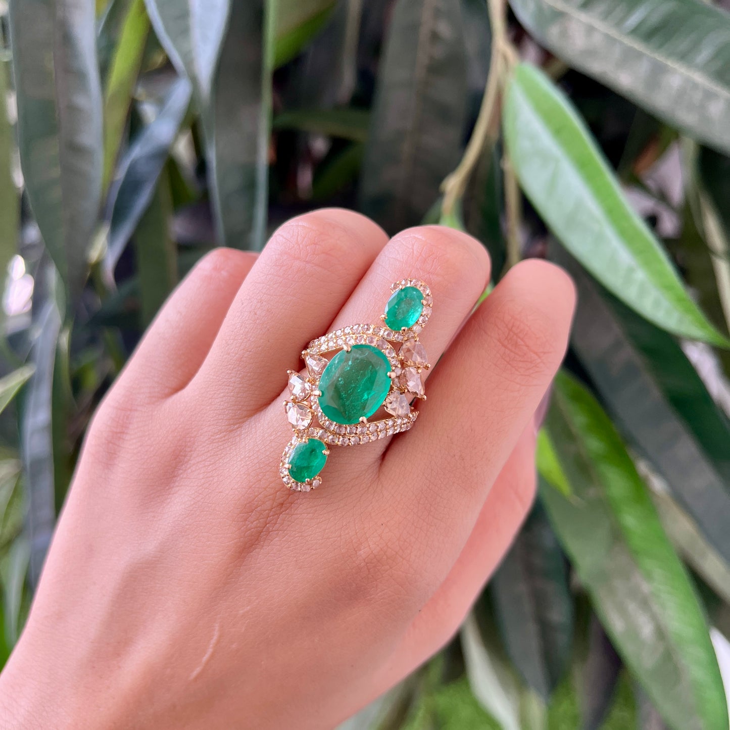 14k Gold Natural Zambian Emerald & Rose Cut Diamond Ring - 4.88 Carats Emerald, 2.06 Carats Diamond Victorian Ring