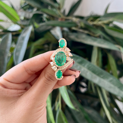 14k Gold Natural Zambian Emerald & Rose Cut Diamond Ring - 4.88 Carats Emerald, 2.06 Carats Diamond Victorian Ring