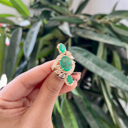 14k Gold Natural Zambian Emerald & Rose Cut Diamond Ring - 4.88 Carats Emerald, 2.06 Carats Diamond Victorian Ring