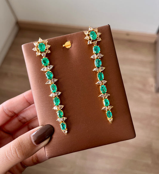 14k Gold Natural Zambian Emerald & Rose Cut Diamond Earrings - 9.83 Carats Emerald, 4.24 Carats Diamond Victorian Earrings