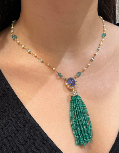 14k Gold Natural Zambian Emerald, Tanzanite, Pearl & Rose Cut Diamond Boho Victorian Beaded Tassel Necklace