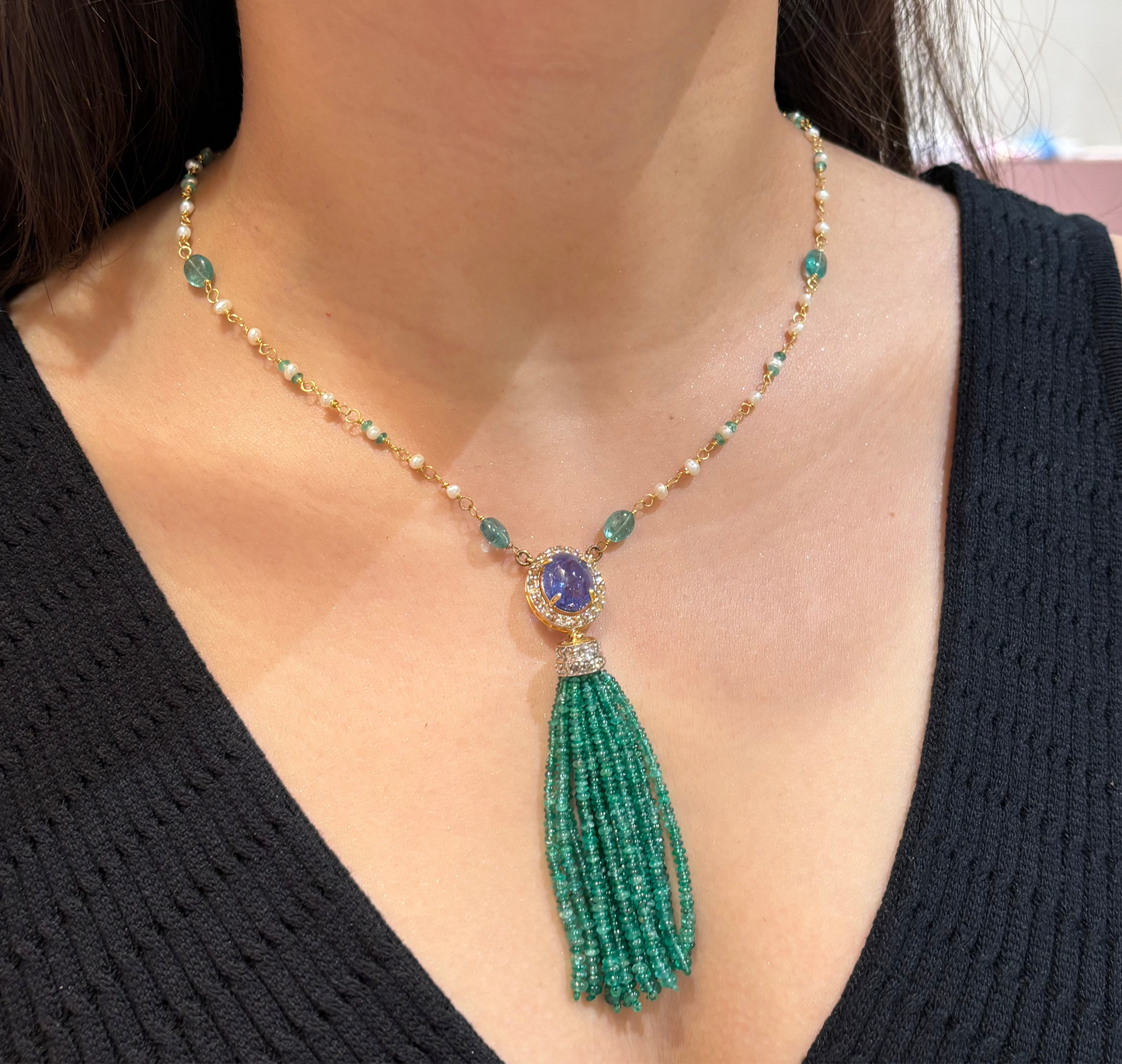 14k Gold Natural Zambian Emerald, Tanzanite, Pearl & Rose Cut Diamond Boho Victorian Beaded Tassel Necklace
