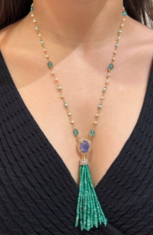 14k Gold Natural Zambian Emerald, Tanzanite, Pearl & Rose Cut Diamond Boho Victorian Beaded Tassel Necklace