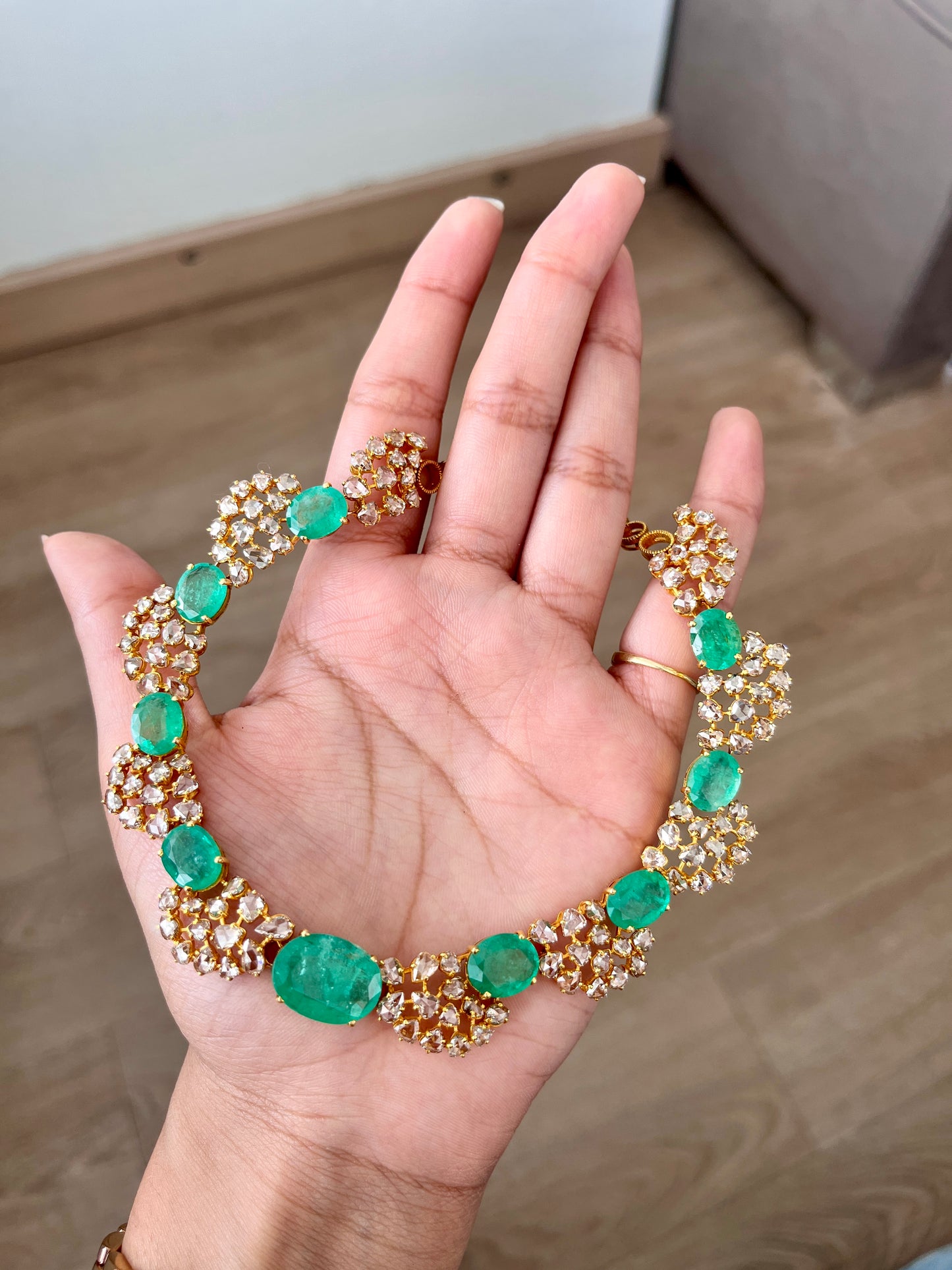 14k Gold Natural Zambian Emerald & Rose Cut Diamond Necklace - 26.73 Carats Emerald, 14.88 Carats Diamond Victorian Necklace