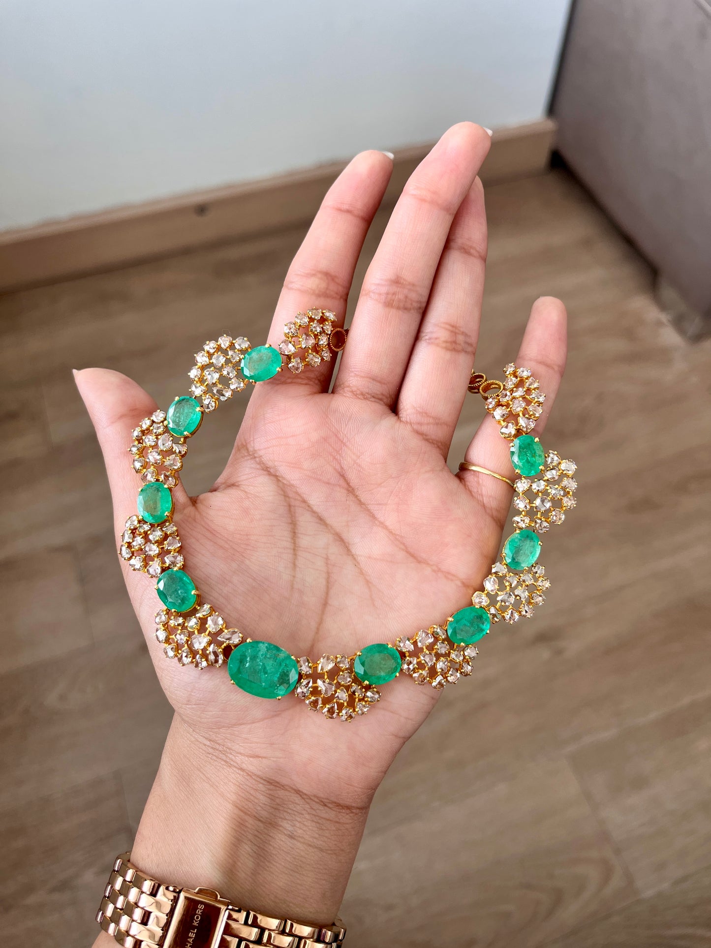 14k Gold Natural Zambian Emerald & Rose Cut Diamond Necklace - 26.73 Carats Emerald, 14.88 Carats Diamond Victorian Necklace