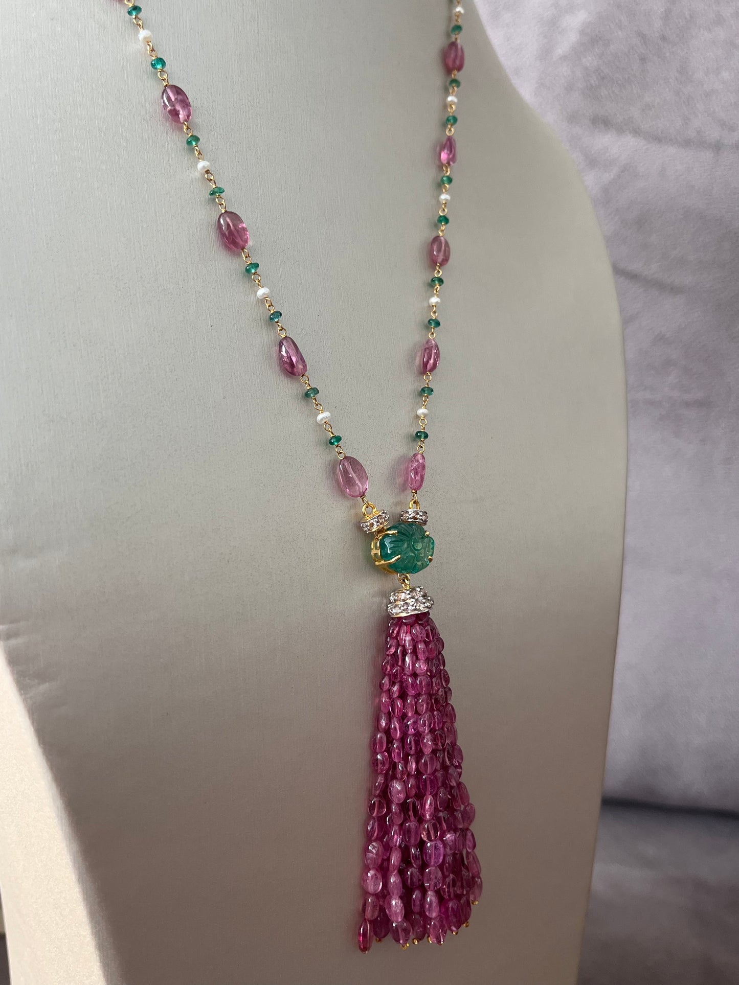 Pink Tourmaline, Emerald & Diamond Beaded Tassel Necklace - 14K Gold Jewelry