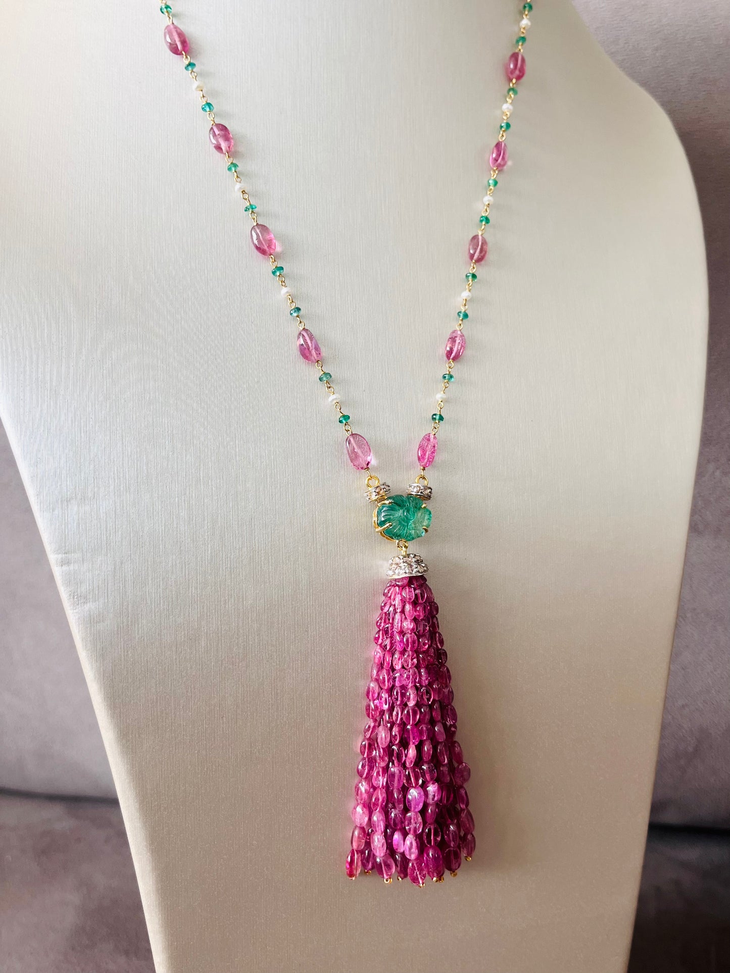 Pink Tourmaline, Emerald & Diamond Beaded Tassel Necklace - 14K Gold Jewelry