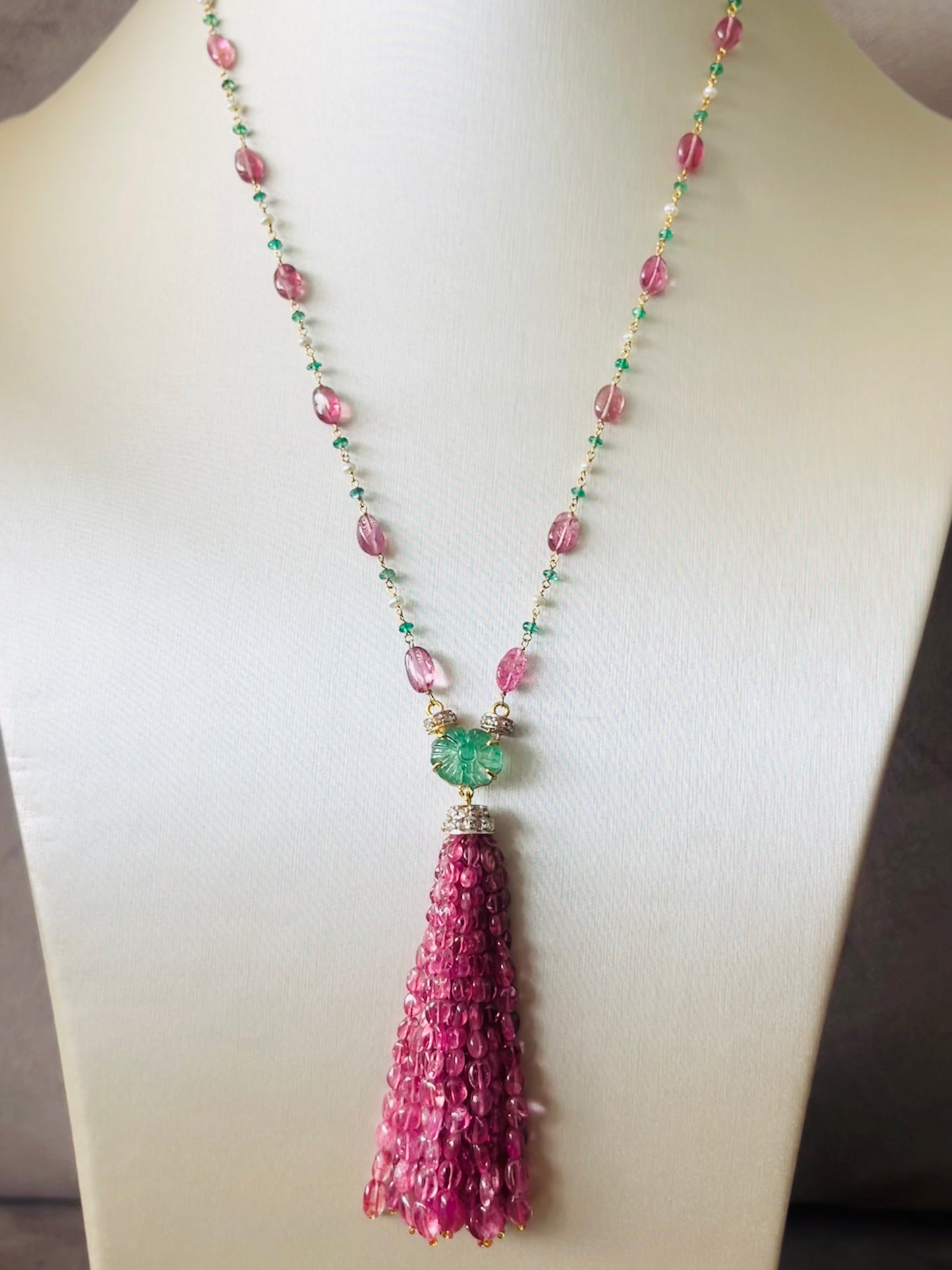 Pink Tourmaline, Emerald & Diamond Beaded Tassel Necklace - 14K Gold Jewelry