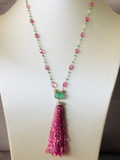 Pink Tourmaline, Emerald & Diamond Beaded Tassel Necklace - 14K Gold Jewelry