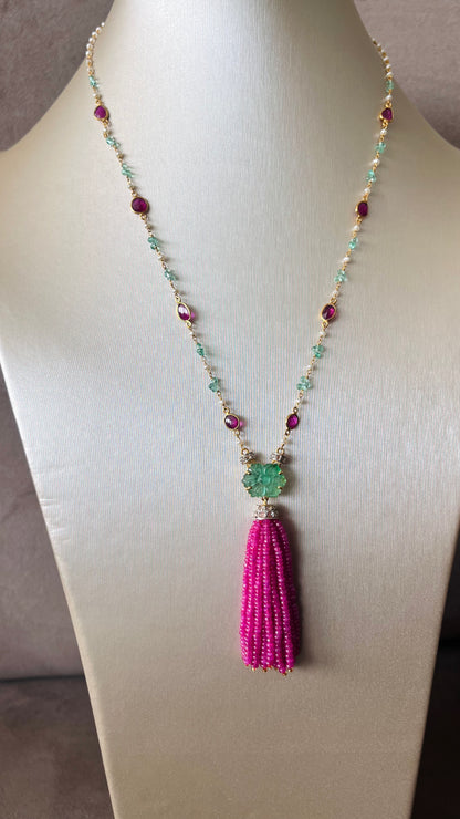 Emerald, Ruby & Diamond Beaded Tassel Necklace - 14K Gold Jewelry