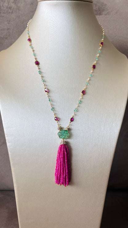Emerald, Ruby & Diamond Beaded Tassel Necklace - 14K Gold Jewelry