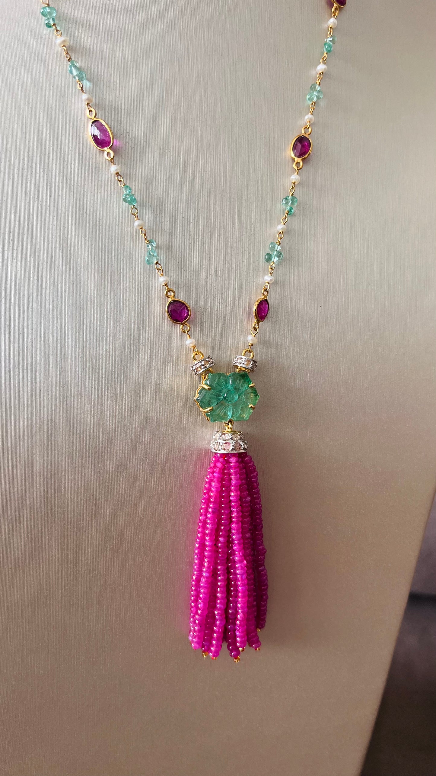 Emerald, Ruby & Diamond Beaded Tassel Necklace - 14K Gold Jewelry