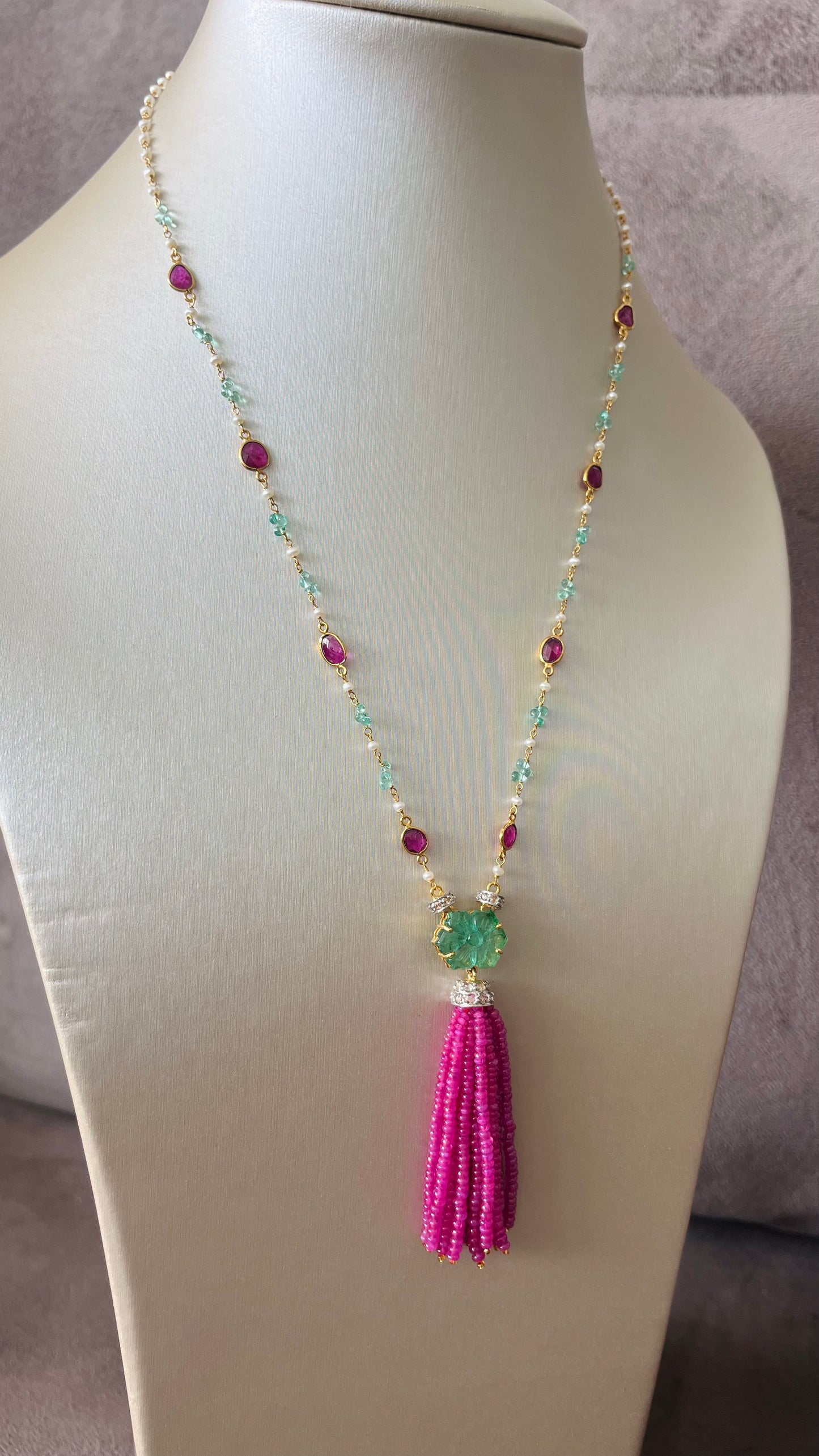 Emerald, Ruby & Diamond Beaded Tassel Necklace - 14K Gold Jewelry