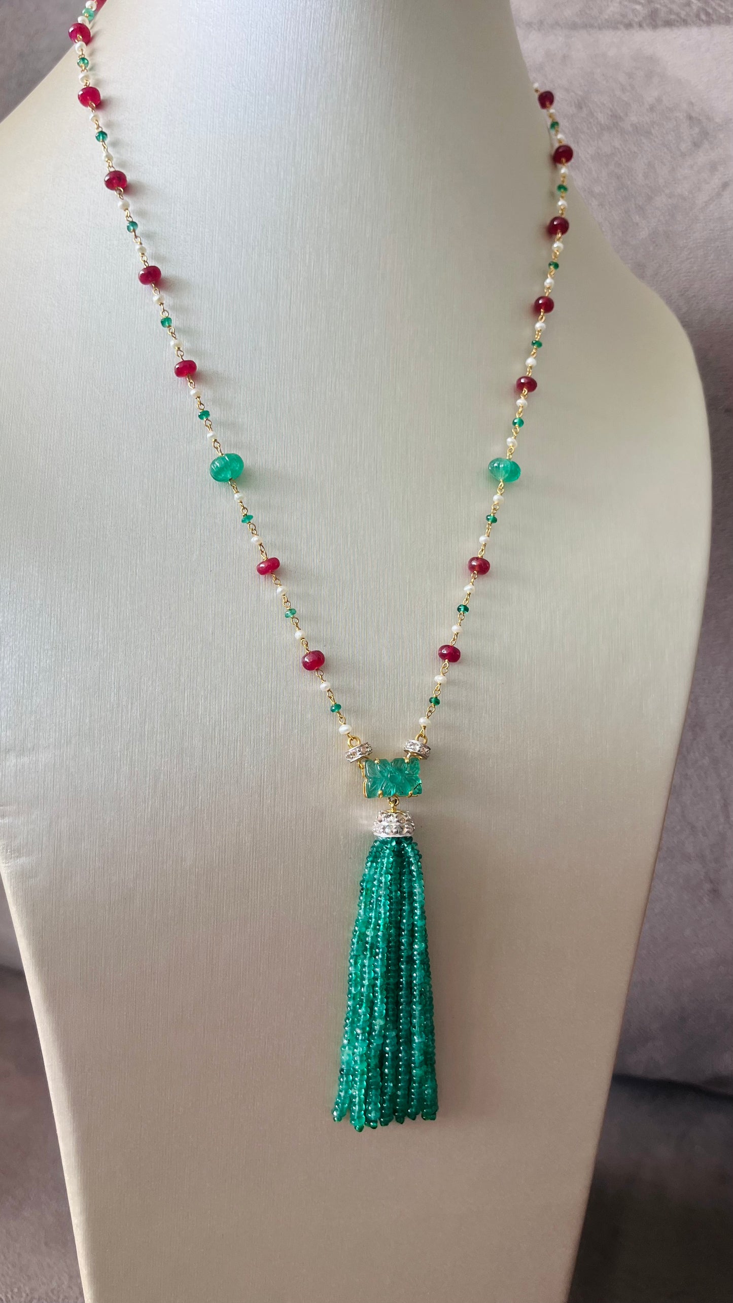 Emerald, Ruby & Diamond Beaded Tassel Necklace - 14K Gold Jewelry