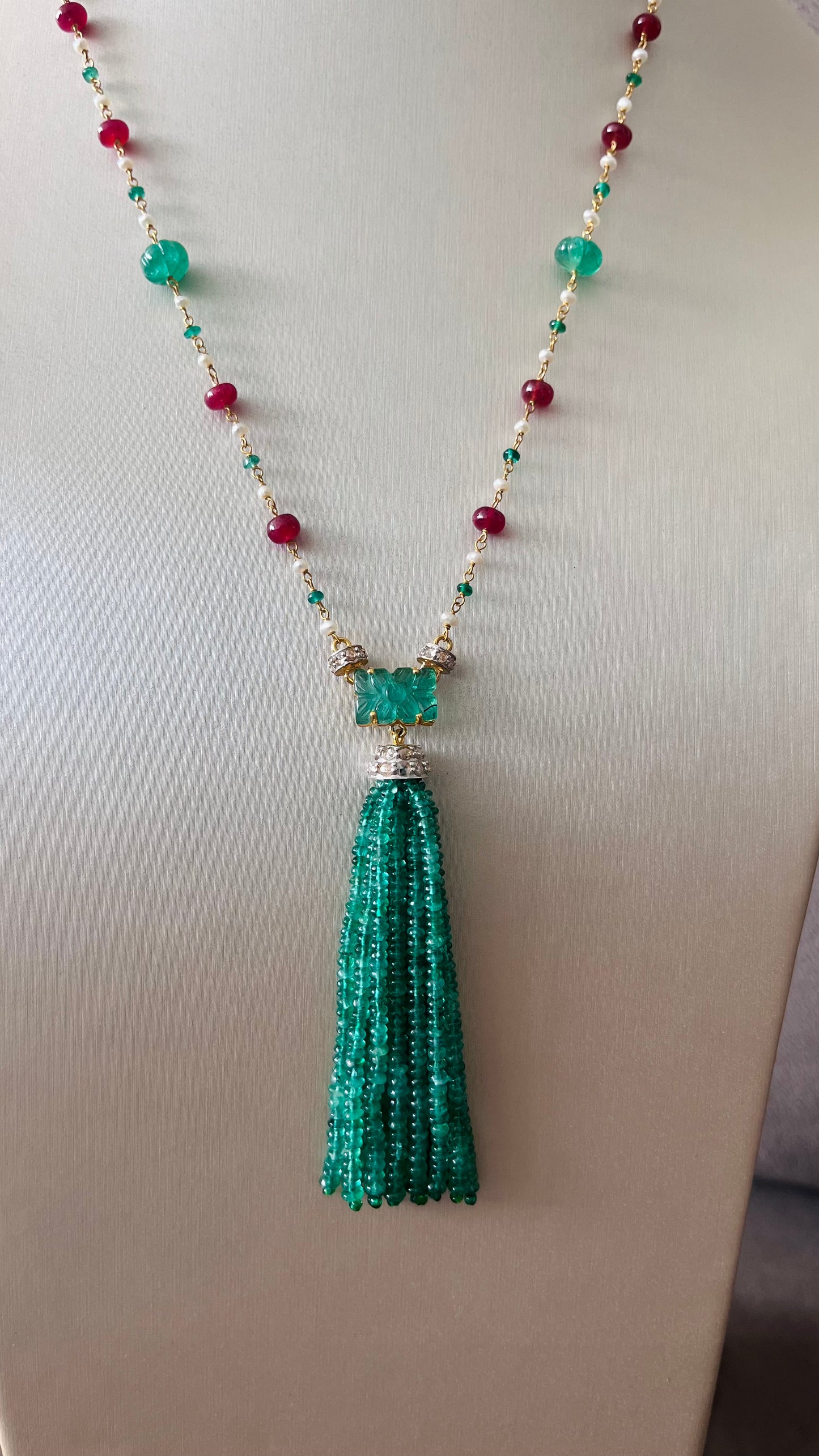 Emerald, Ruby & Diamond Beaded Tassel Necklace - 14K Gold Jewelry