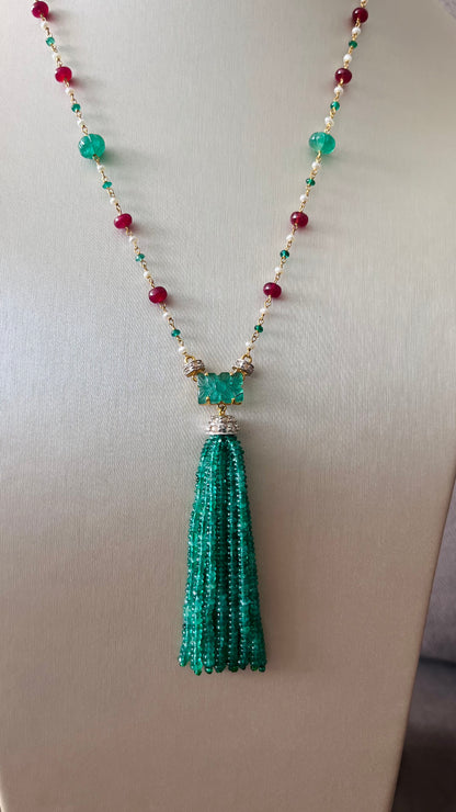 Emerald, Ruby & Diamond Beaded Tassel Necklace - 14K Gold Jewelry