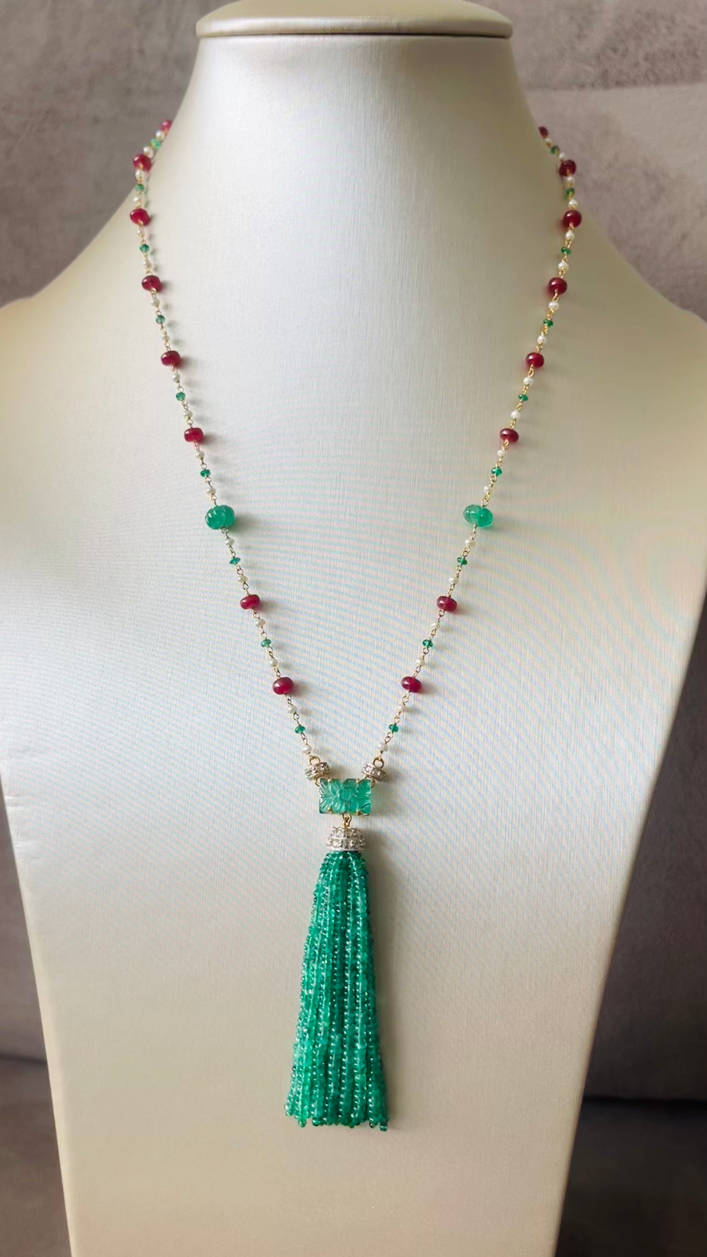 Emerald, Ruby & Diamond Beaded Tassel Necklace - 14K Gold Jewelry