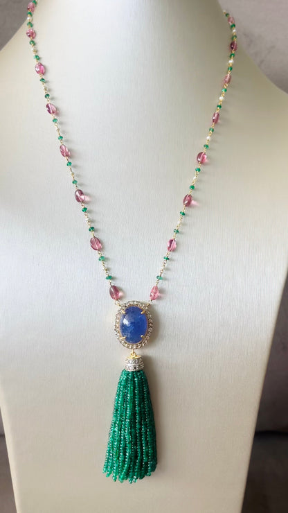 Emerald, Tanzanite & Diamond Beaded Tassel Necklace - 14K Gold Jewelry
