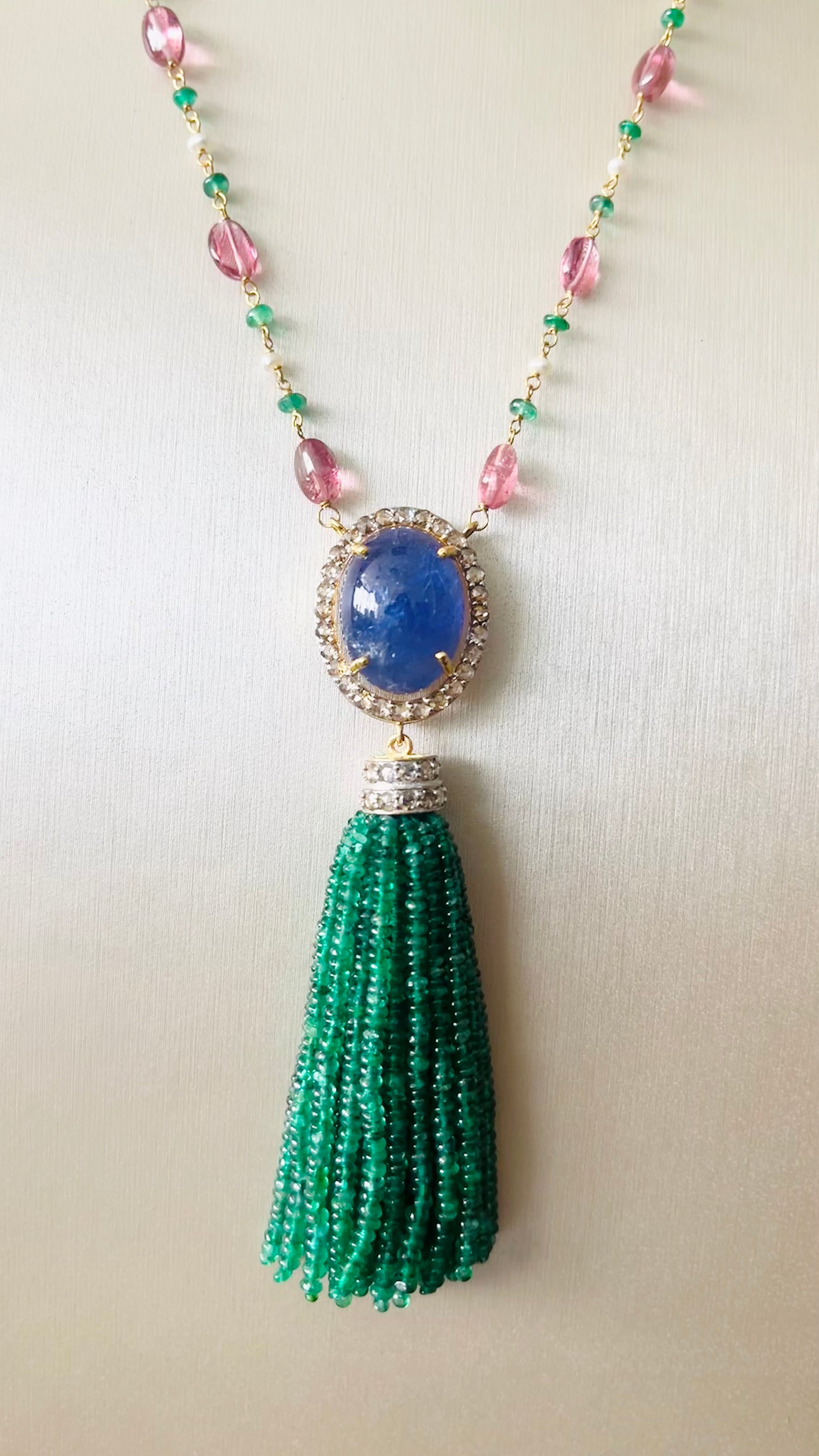 Emerald, Tanzanite & Diamond Beaded Tassel Necklace - 14K Gold Jewelry