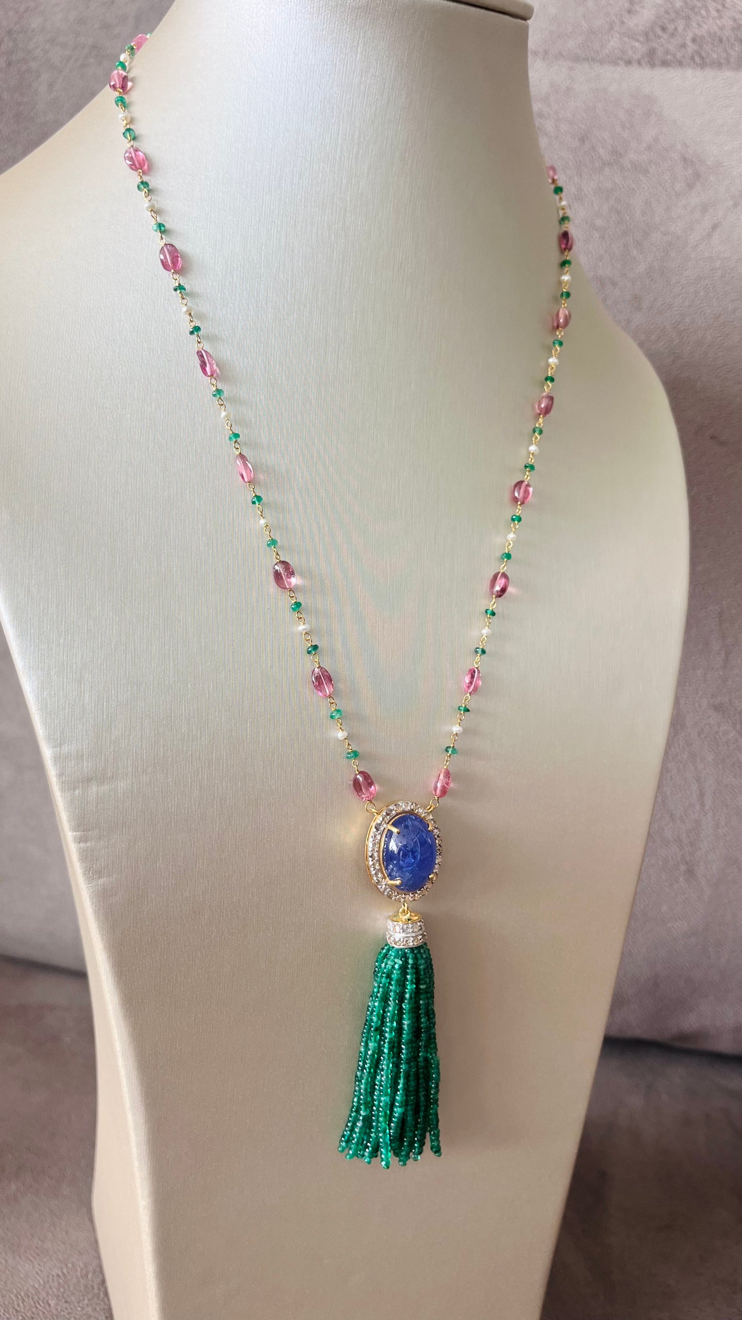 Emerald, Tanzanite & Diamond Beaded Tassel Necklace - 14K Gold Jewelry