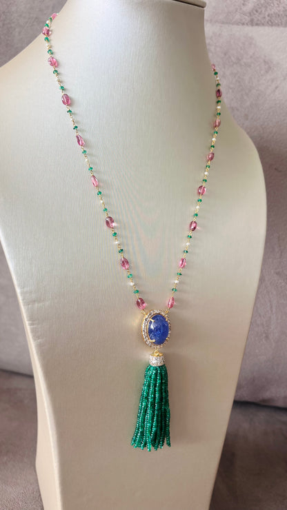 Emerald, Tanzanite & Diamond Beaded Tassel Necklace - 14K Gold Jewelry