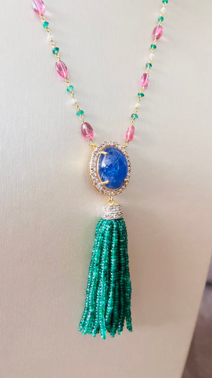Emerald, Tanzanite & Diamond Beaded Tassel Necklace - 14K Gold Jewelry