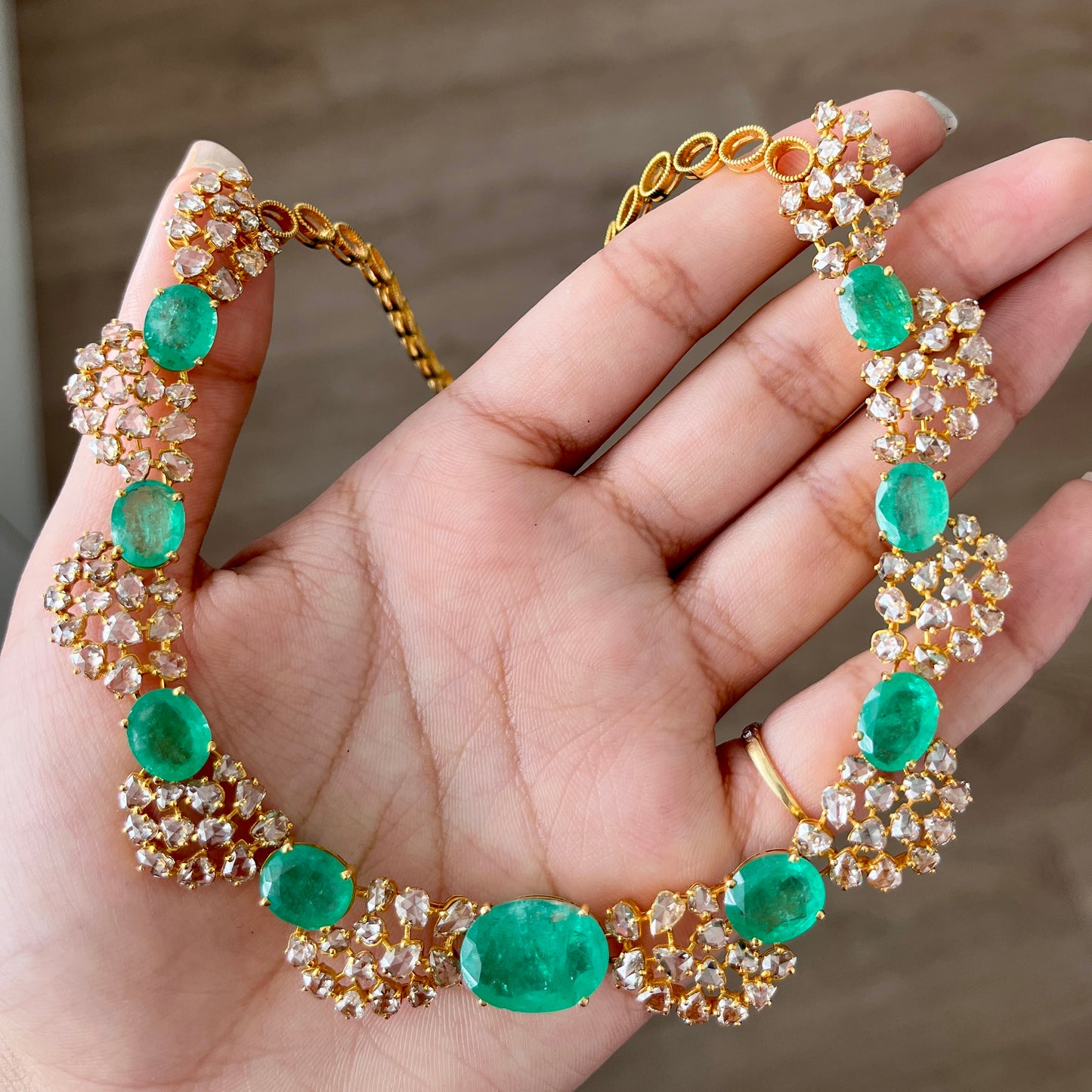 14k Gold Natural Zambian Emerald & Rose Cut Diamond Necklace - 26.73 Carats Emerald, 14.88 Carats Diamond Victorian Necklace