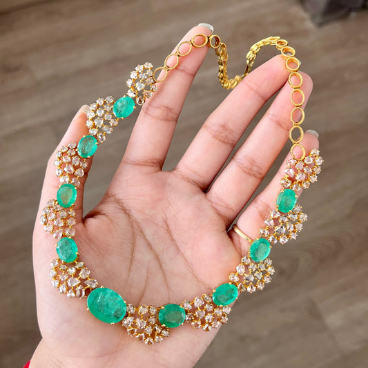 14k Gold Natural Zambian Emerald & Rose Cut Diamond Necklace - 26.73 Carats Emerald, 14.88 Carats Diamond Victorian Necklace
