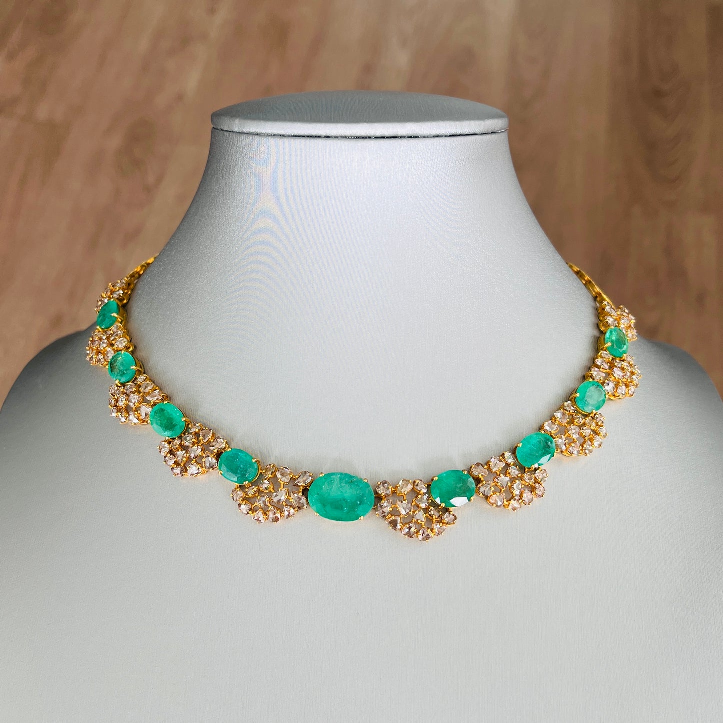 14k Gold Natural Zambian Emerald & Rose Cut Diamond Necklace - 26.73 Carats Emerald, 14.88 Carats Diamond Victorian Necklace