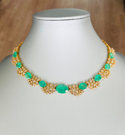 14k Gold Natural Zambian Emerald & Rose Cut Diamond Necklace - 26.73 Carats Emerald, 14.88 Carats Diamond Victorian Necklace