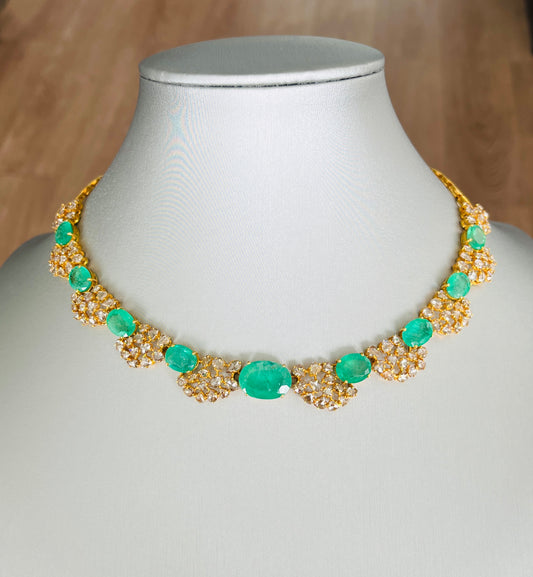 14k Gold Natural Zambian Emerald & Rose Cut Diamond Necklace - 26.73 Carats Emerald, 14.88 Carats Diamond Victorian Necklace