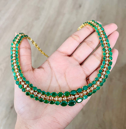 14k Gold Natural Zambian Emerald & Rose Cut Diamond Necklace - 32.97 Carats Emerald, 6.14 Carats Diamond Victorian Necklace