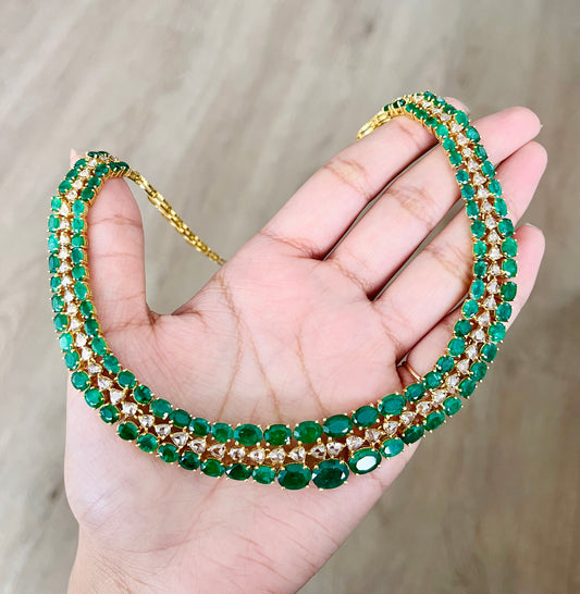 14k Gold Natural Zambian Emerald & Rose Cut Diamond Necklace - 32.97 Carats Emerald, 6.14 Carats Diamond Victorian Necklace