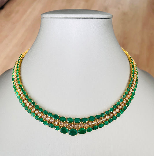 14k Gold Natural Zambian Emerald & Rose Cut Diamond Necklace - 32.97 Carats Emerald, 6.14 Carats Diamond Victorian Necklace