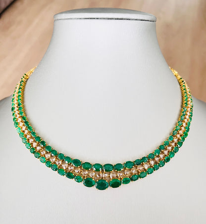 14k Gold Natural Zambian Emerald & Rose Cut Diamond Necklace - 32.97 Carats Emerald, 6.14 Carats Diamond Victorian Necklace