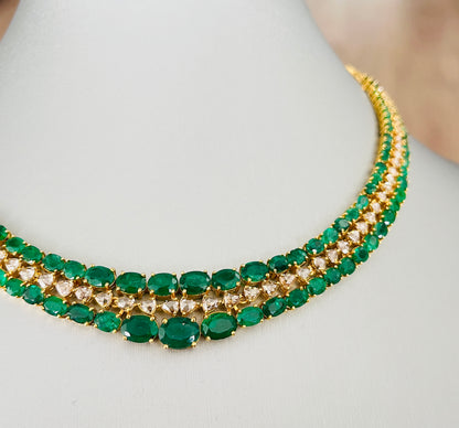 14k Gold Natural Zambian Emerald & Rose Cut Diamond Necklace - 32.97 Carats Emerald, 6.14 Carats Diamond Victorian Necklace