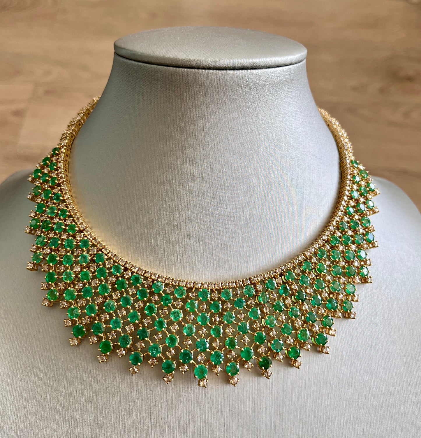 14k Gold Natural Zambian Emerald & Rose Cut Diamond Necklace - 46.75 Carats Emerald, 24.43 Carats Diamond Victorian Necklace