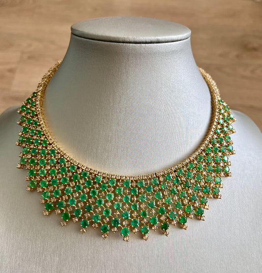 14k Gold Natural Zambian Emerald & Rose Cut Diamond Necklace - 46.75 Carats Emerald, 24.43 Carats Diamond Victorian Necklace