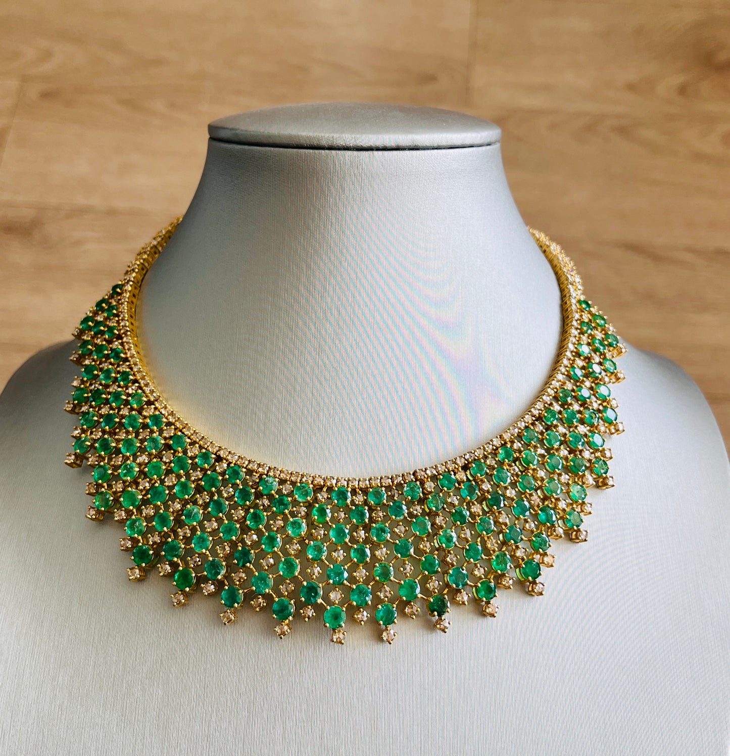 14k Gold Natural Zambian Emerald & Rose Cut Diamond Necklace - 46.75 Carats Emerald, 24.43 Carats Diamond Victorian Necklace