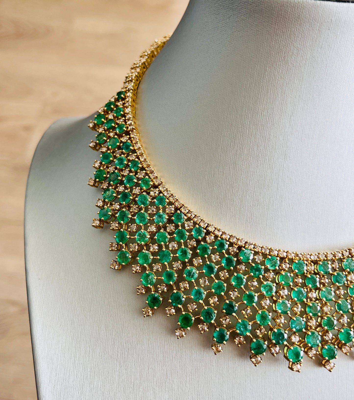 14k Gold Natural Zambian Emerald & Rose Cut Diamond Necklace - 46.75 Carats Emerald, 24.43 Carats Diamond Victorian Necklace
