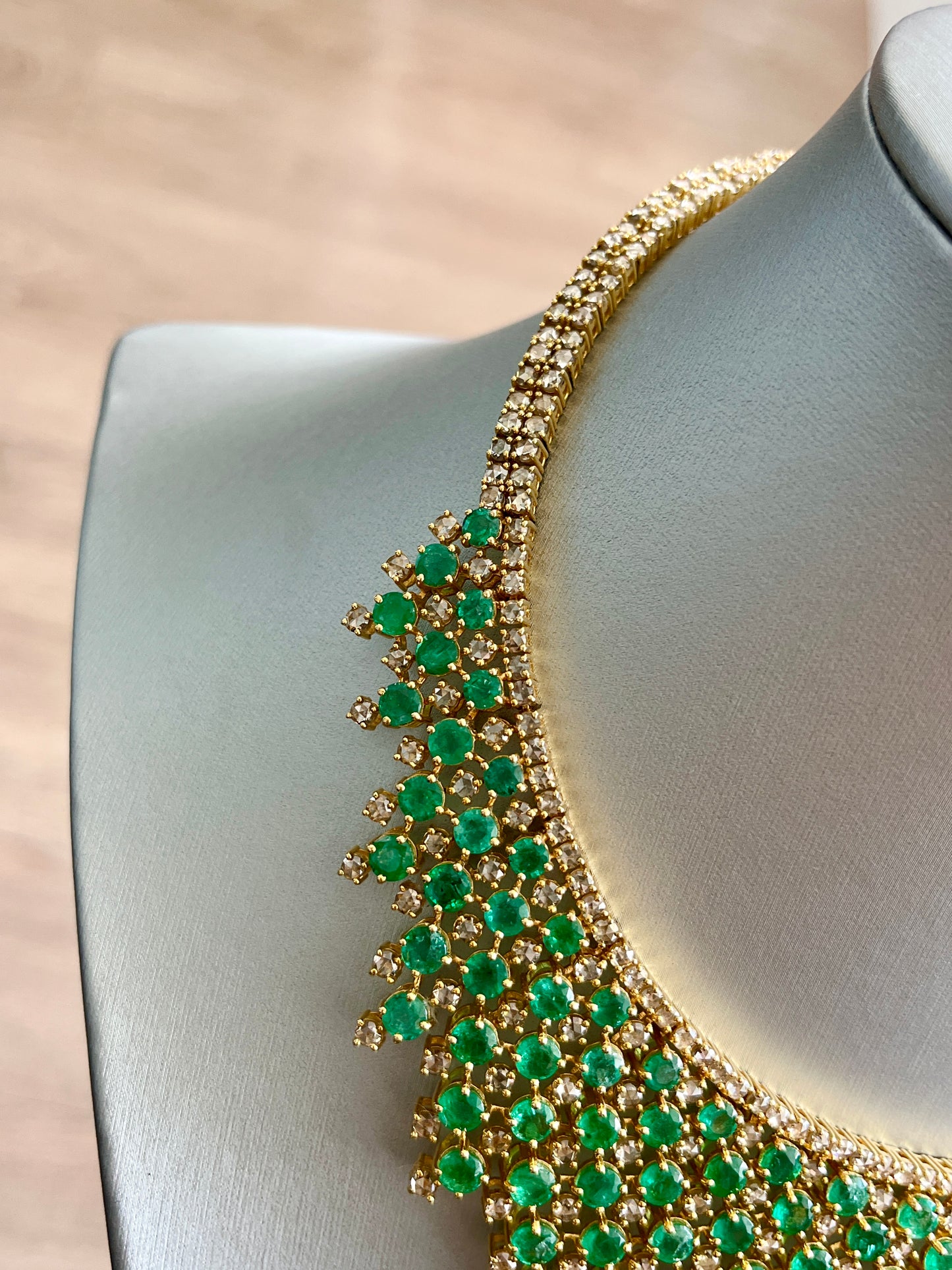 14k Gold Natural Zambian Emerald & Rose Cut Diamond Necklace - 46.75 Carats Emerald, 24.43 Carats Diamond Victorian Necklace