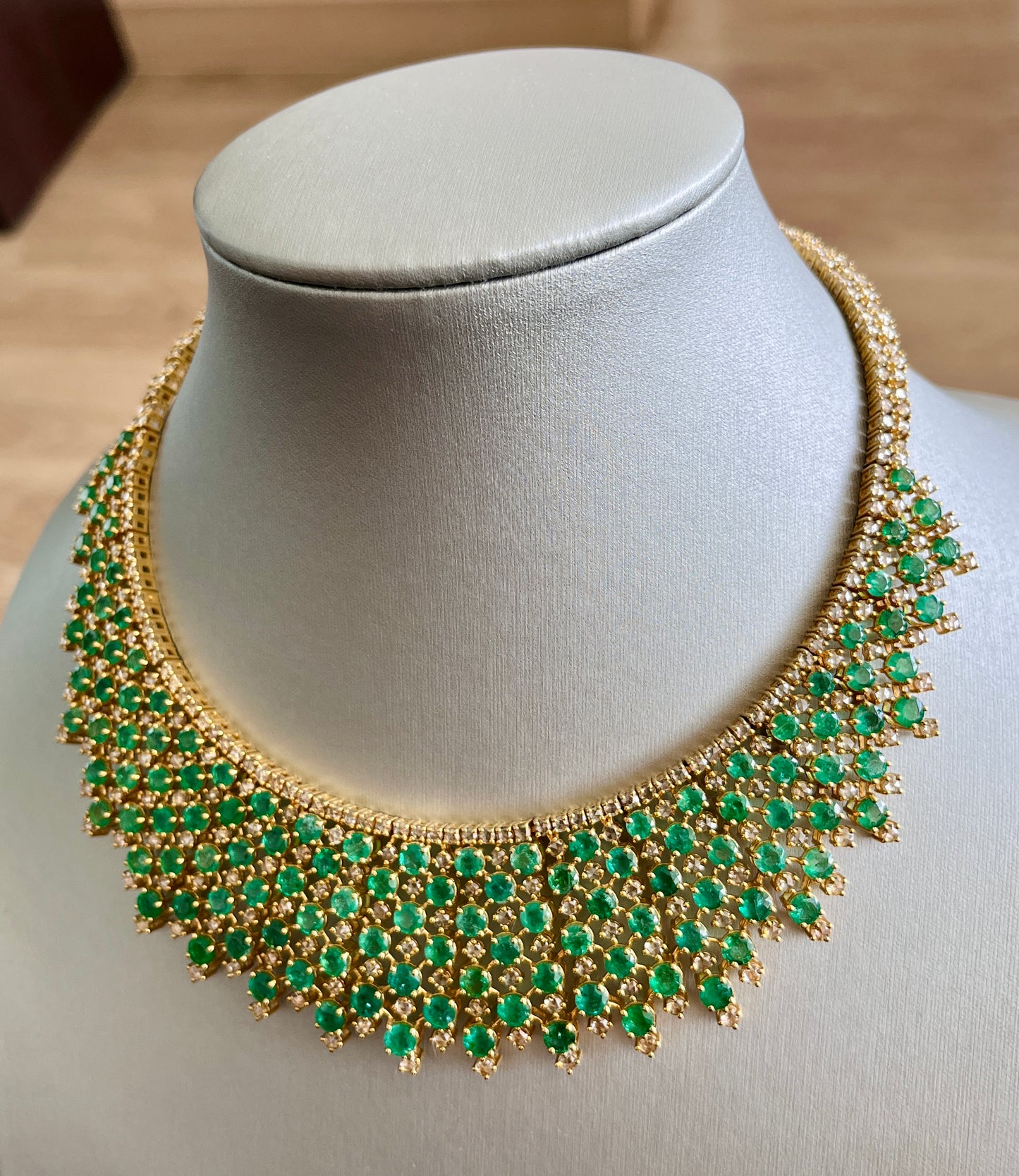 14k Gold Natural Zambian Emerald & Rose Cut Diamond Necklace - 46.75 Carats Emerald, 24.43 Carats Diamond Victorian Necklace