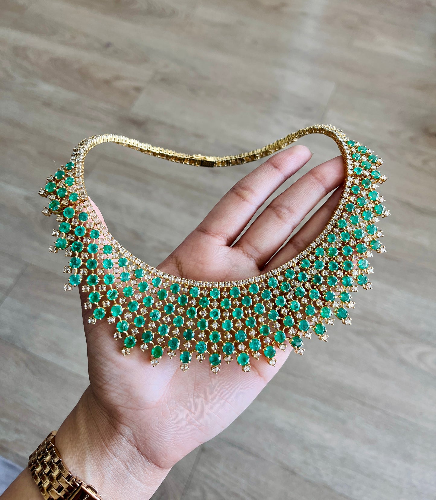 14k Gold Natural Zambian Emerald & Rose Cut Diamond Necklace - 46.75 Carats Emerald, 24.43 Carats Diamond Victorian Necklace