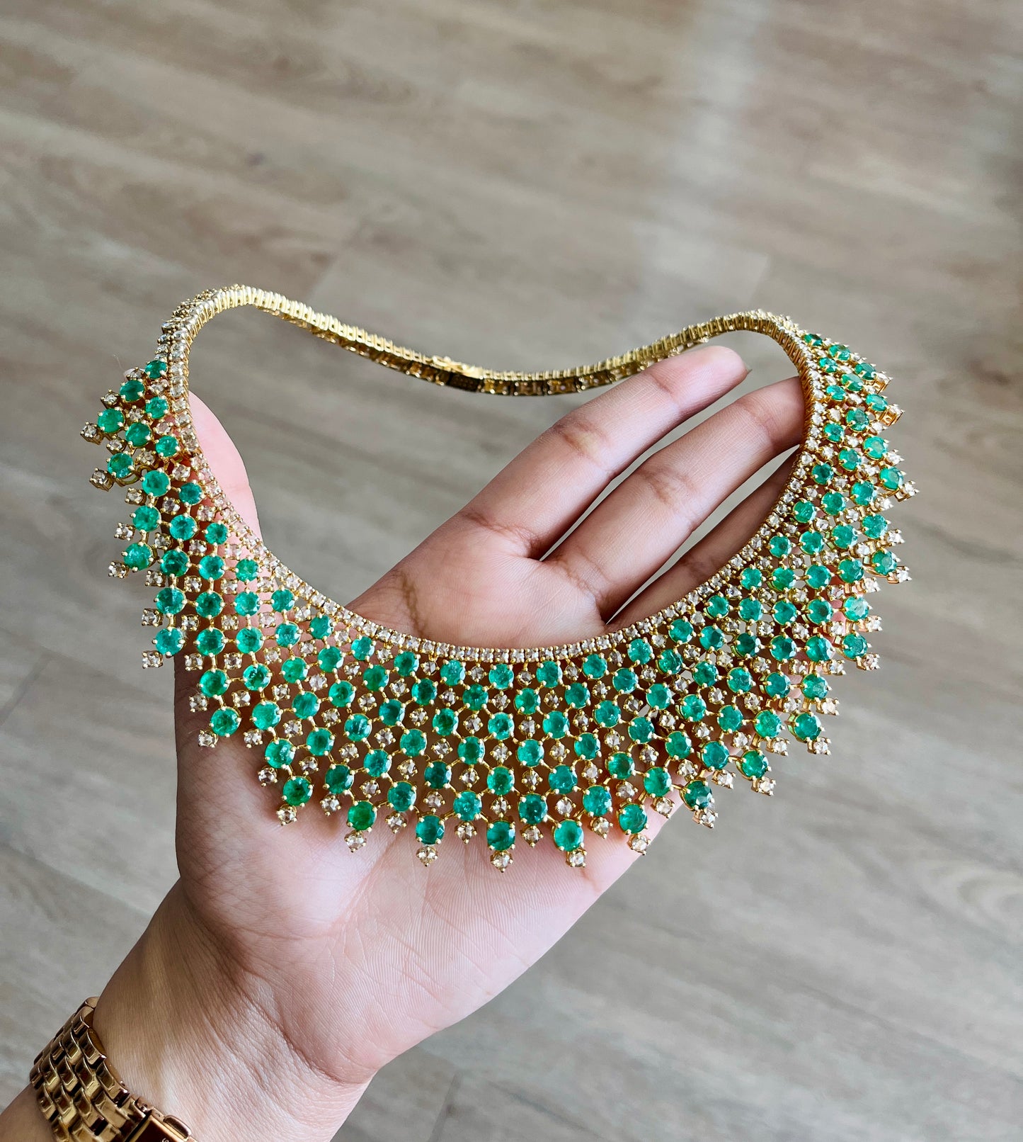 14k Gold Natural Zambian Emerald & Rose Cut Diamond Necklace - 46.75 Carats Emerald, 24.43 Carats Diamond Victorian Necklace