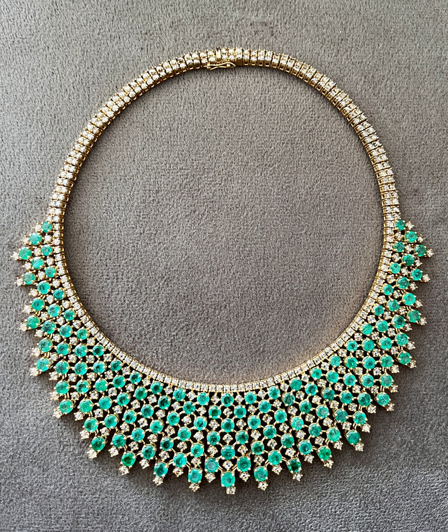 14k Gold Natural Zambian Emerald & Rose Cut Diamond Necklace - 46.75 Carats Emerald, 24.43 Carats Diamond Victorian Necklace
