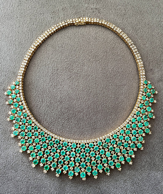 14k Gold Natural Zambian Emerald & Rose Cut Diamond Necklace - 46.75 Carats Emerald, 24.43 Carats Diamond Victorian Necklace