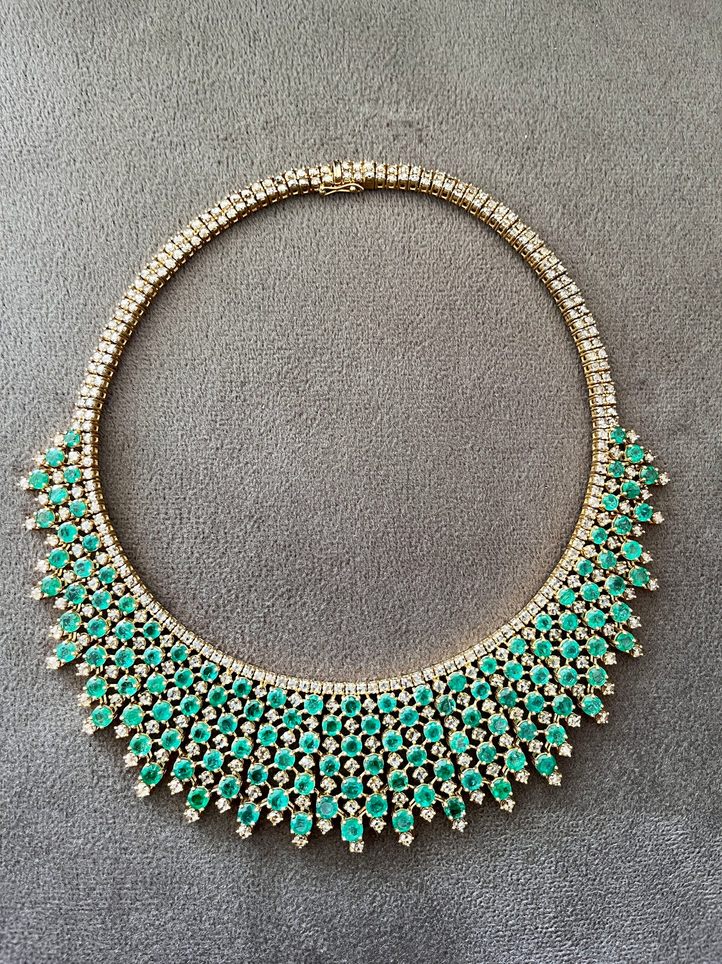 14k Gold Natural Zambian Emerald & Rose Cut Diamond Necklace - 46.75 Carats Emerald, 24.43 Carats Diamond Victorian Necklace