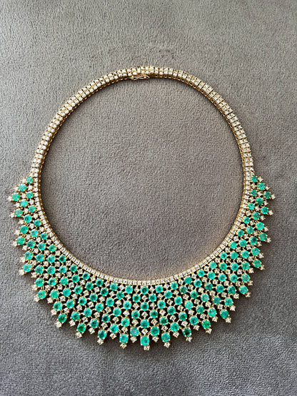 14k Gold Natural Zambian Emerald & Rose Cut Diamond Necklace - 46.75 Carats Emerald, 24.43 Carats Diamond Victorian Necklace